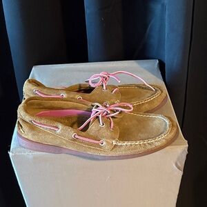 Tan Suede Loafers with Pink Accents